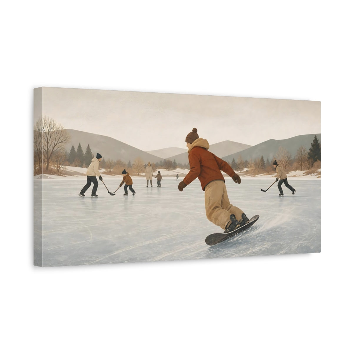 Side Mockup 3. Pond Hockey On Frozen Lake shown as canvas print