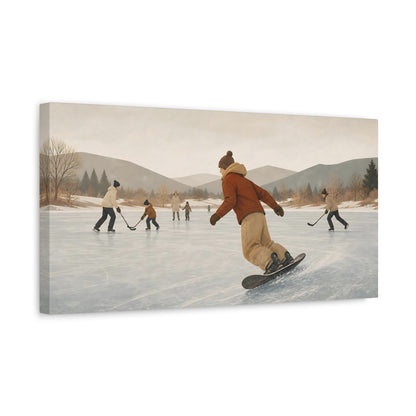 Side Mockup 3. Pond Hockey On Frozen Lake shown as canvas print