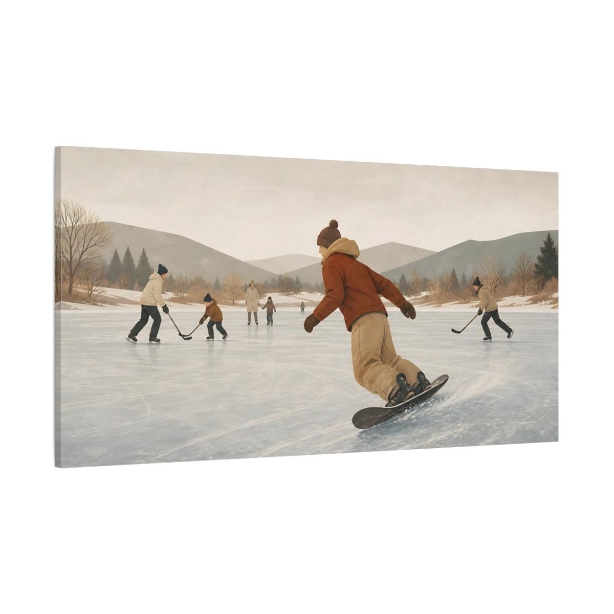 Side Mockup 2. Pond Hockey On Frozen Lake shown as canvas print