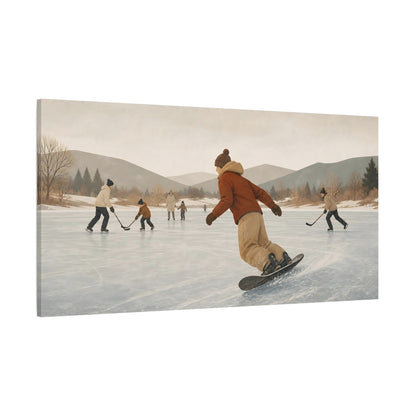 Side Mockup 2. Pond Hockey On Frozen Lake shown as canvas print