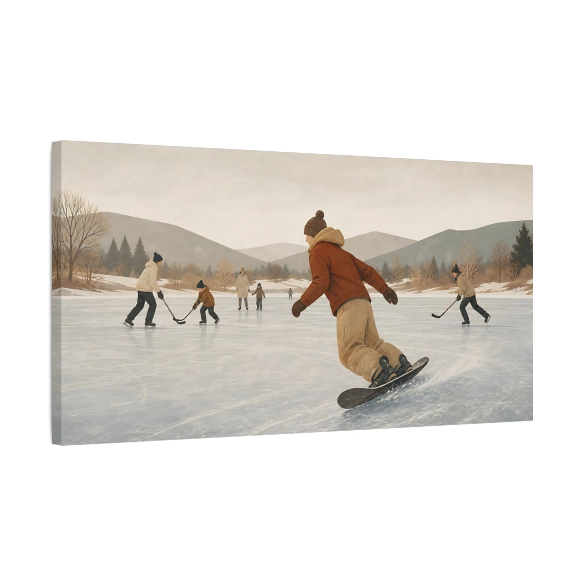 Side Mockup 1. Pond Hockey On Frozen Lake shown as canvas print