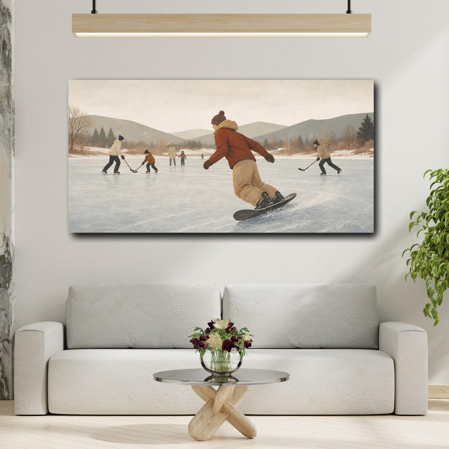 Mockup 2. Pond Hockey On Frozen Lake shown as canvas print