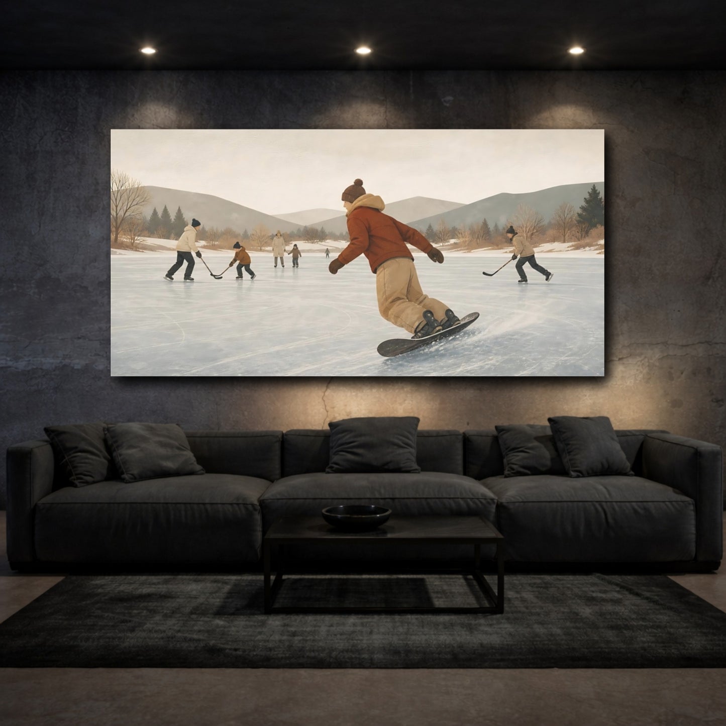 Mockup 3. Pond Hockey On Frozen Lake shown as canvas print
