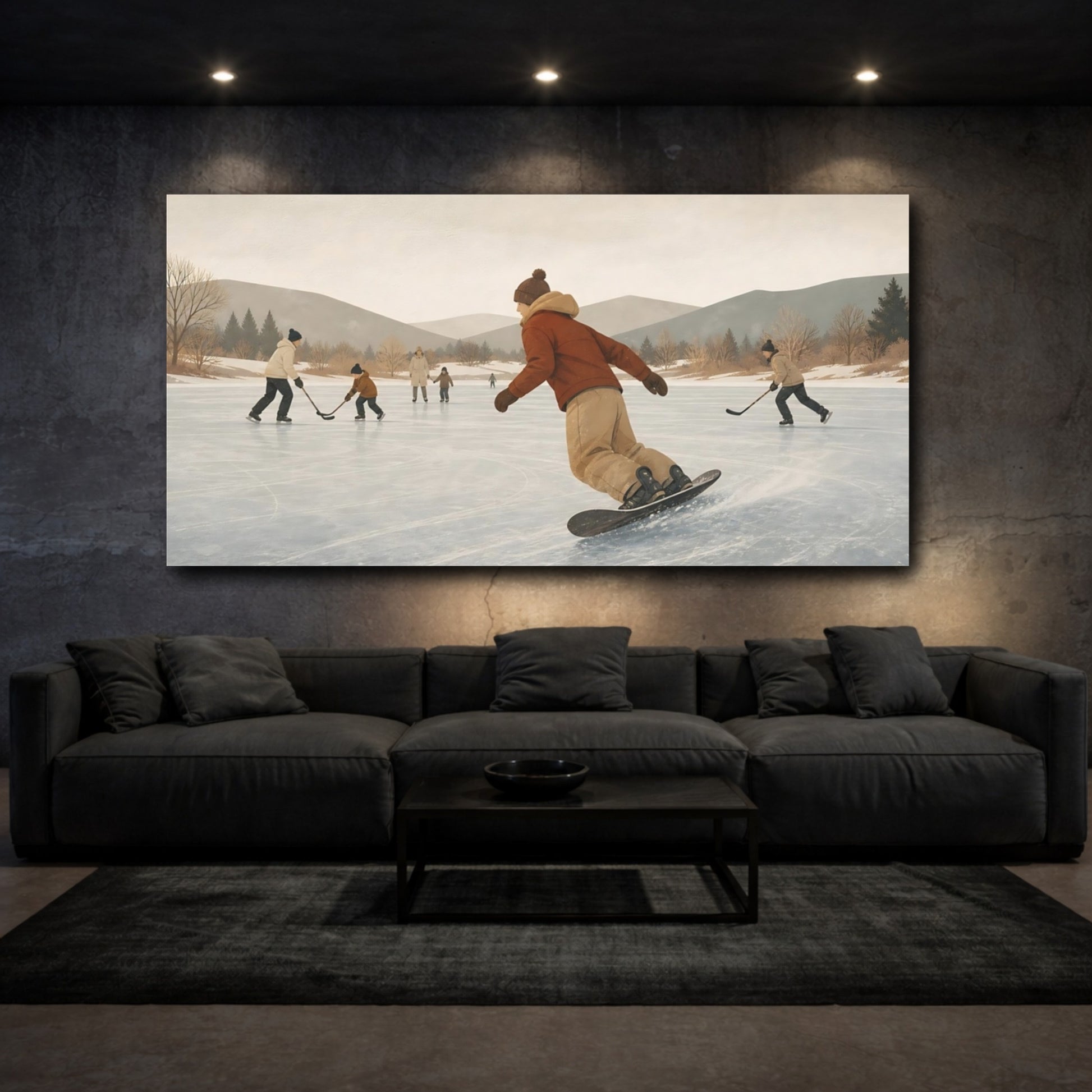 Mockup 3. Pond Hockey On Frozen Lake shown as canvas print