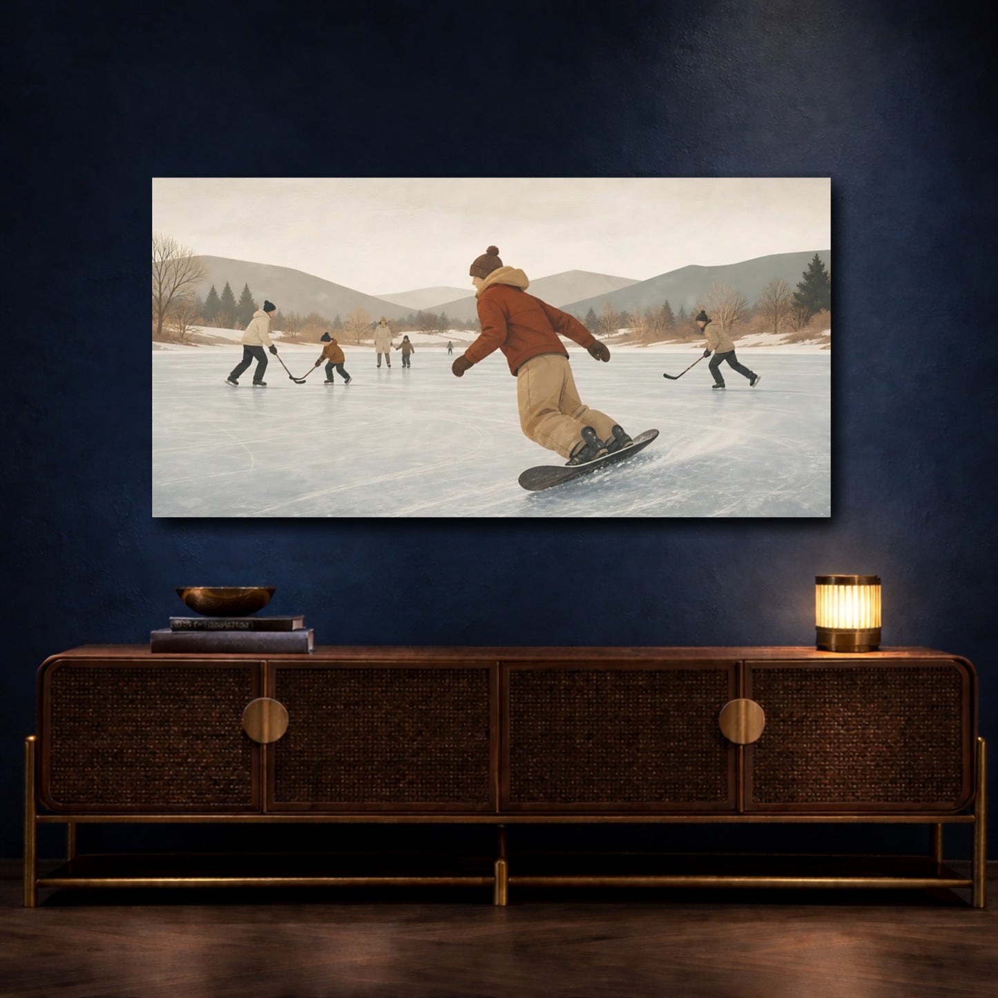 Mockup 4. Pond Hockey On Frozen Lake shown as canvas print