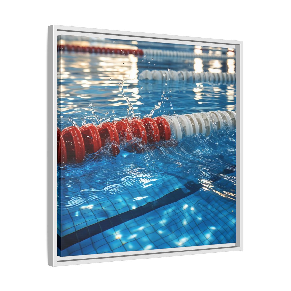 Side Mockup 26. Pool Lane Splash shown as framed canvas print