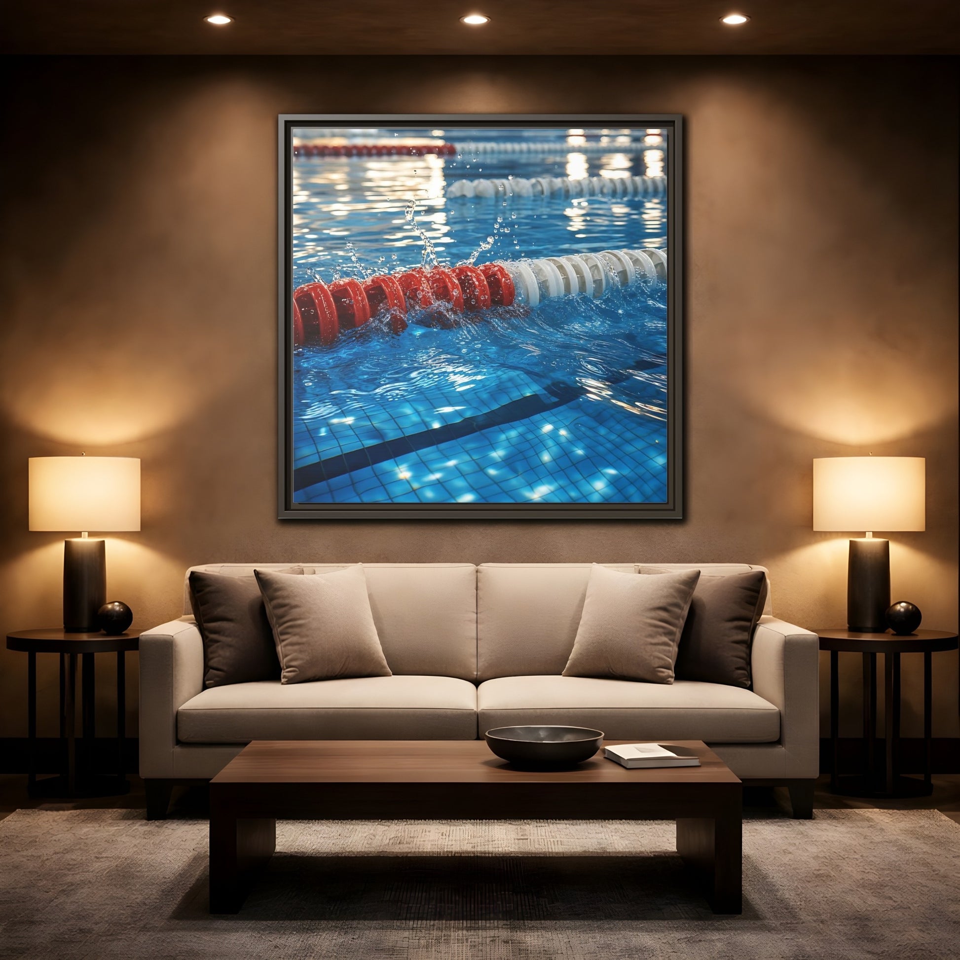 Mockup 2. Pool Lane Splash shown as framed canvas print