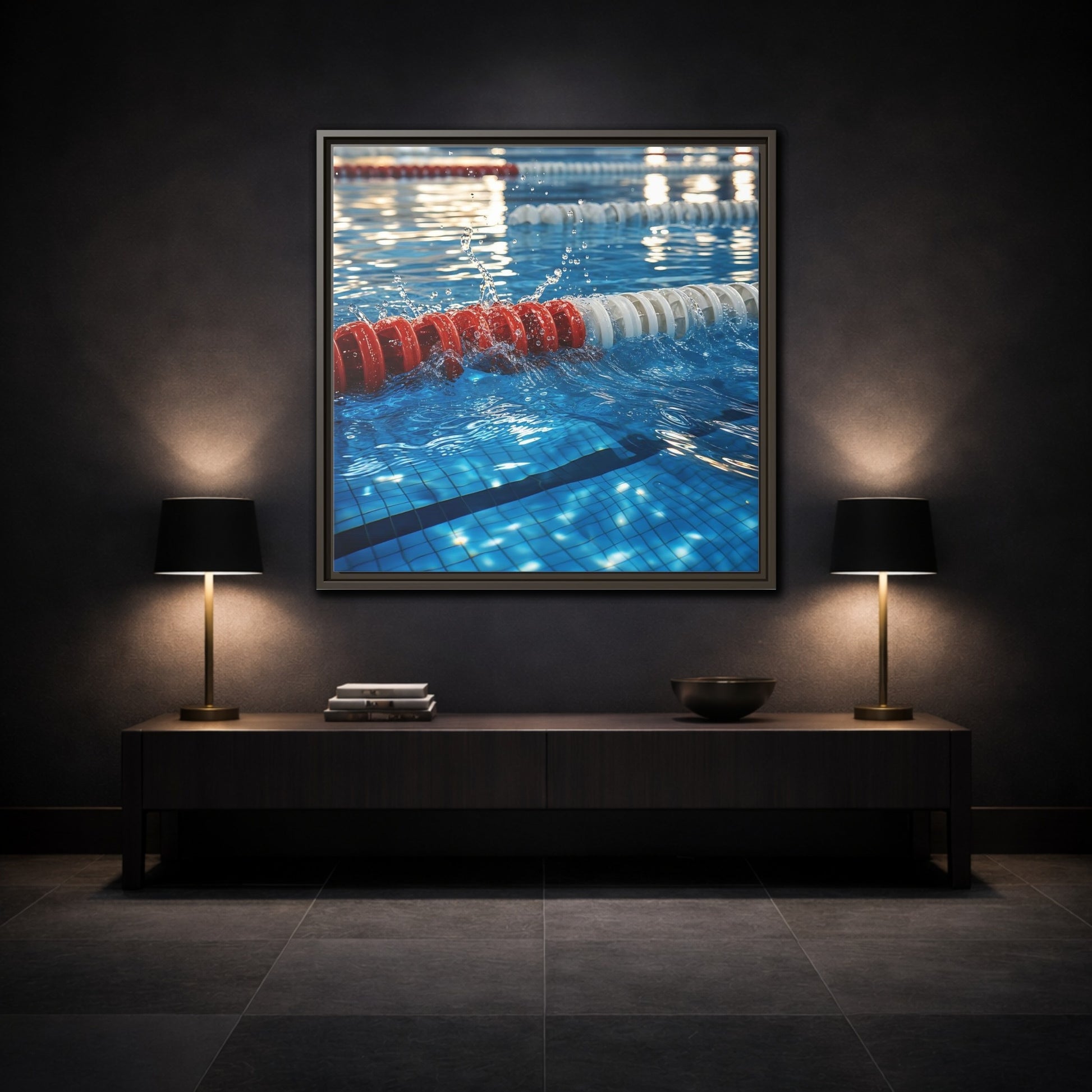 Mockup 3. Pool Lane Splash shown as framed canvas print