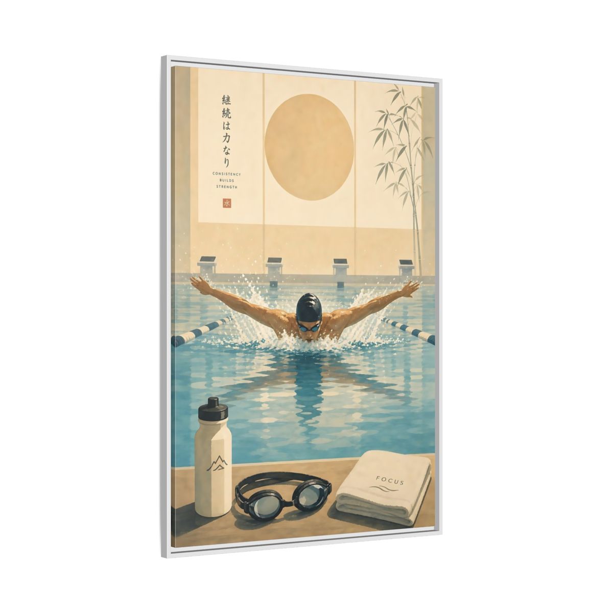 Side Mockup 7. Poolside Focus shown as framed canvas print