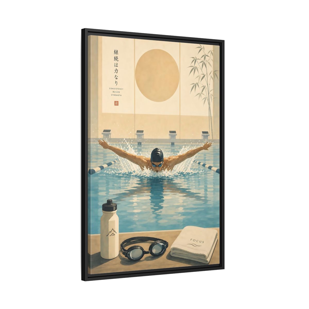 Side Mockup 13. Poolside Focus shown as framed canvas print
