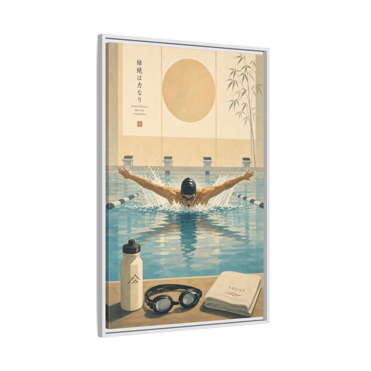 Side Mockup 9. Poolside Focus shown as framed canvas print