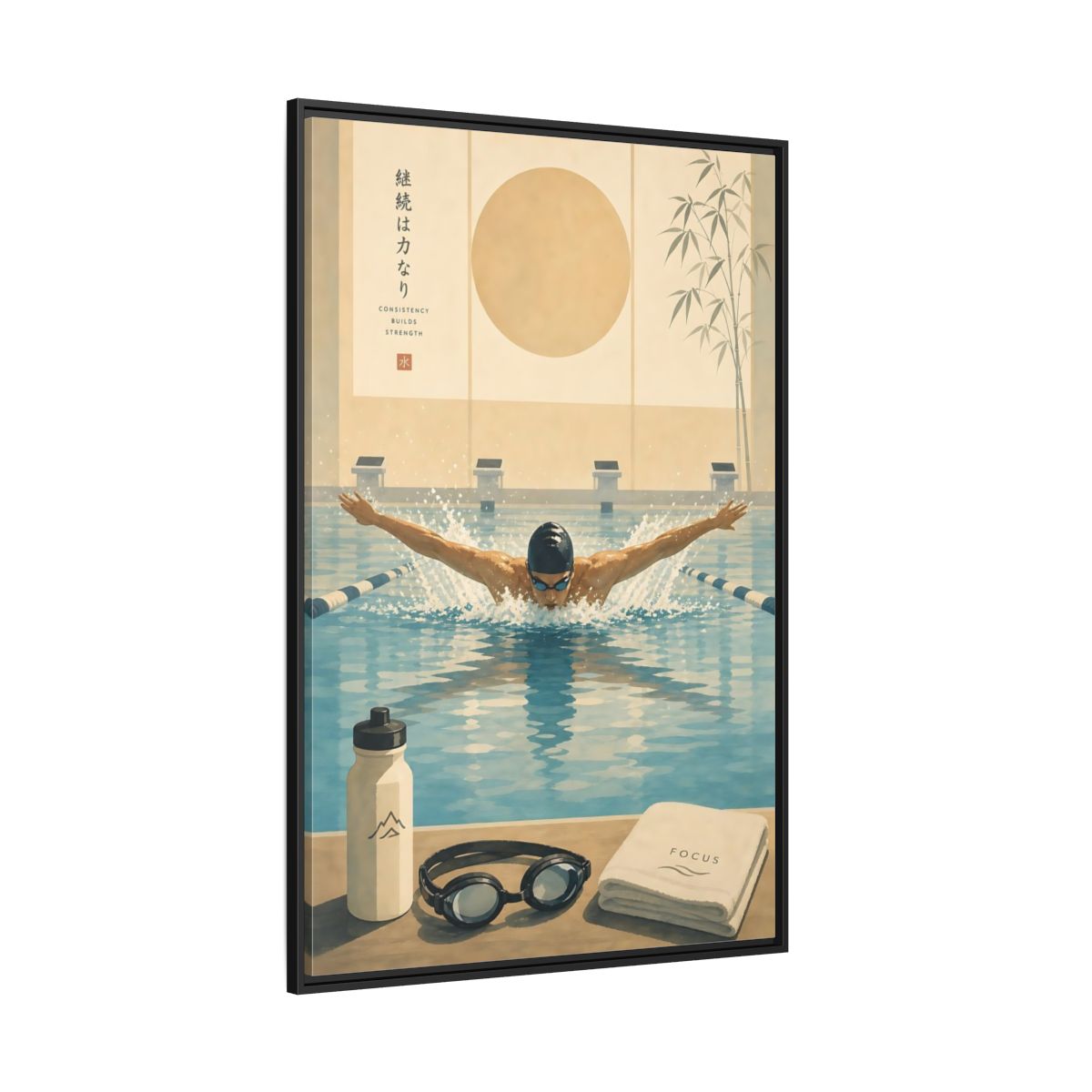 Side Mockup 12. Poolside Focus shown as framed canvas print