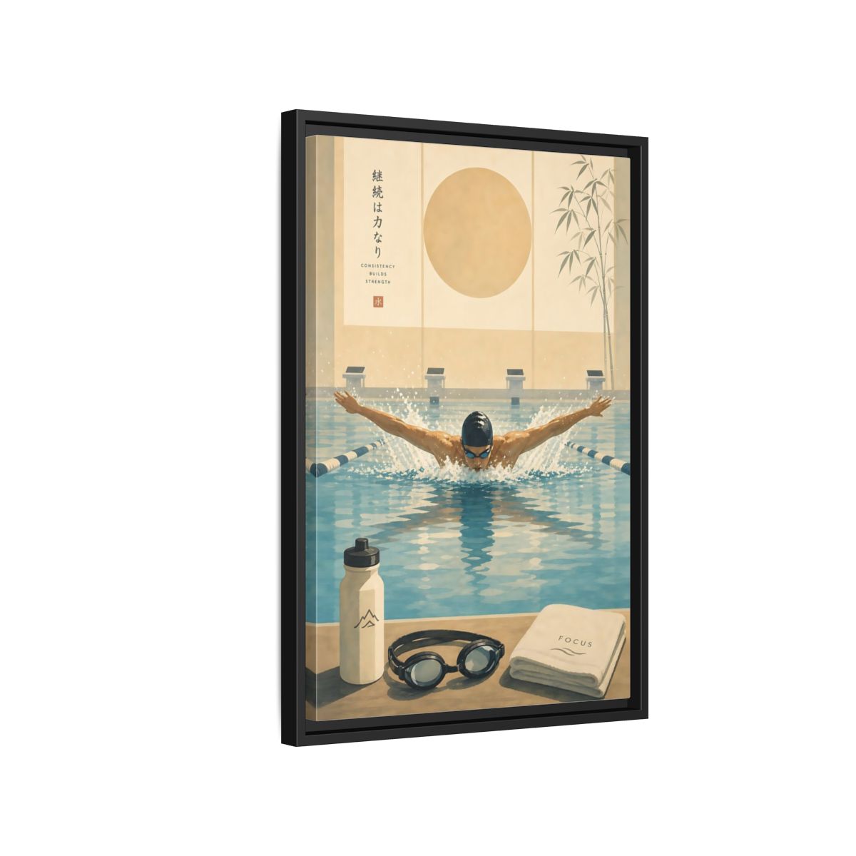 Side Mockup 3. Poolside Focus shown as framed canvas print