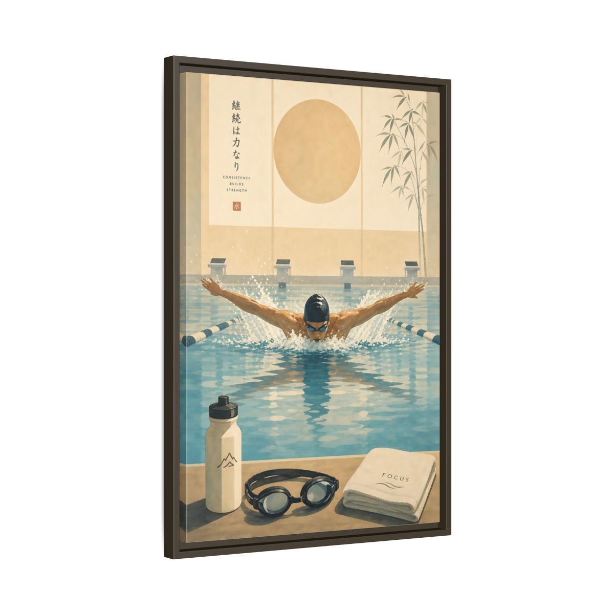 Side Mockup 11. Poolside Focus shown as framed canvas print