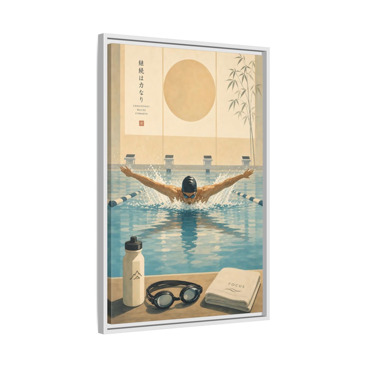 Side Mockup 10. Poolside Focus shown as framed canvas print