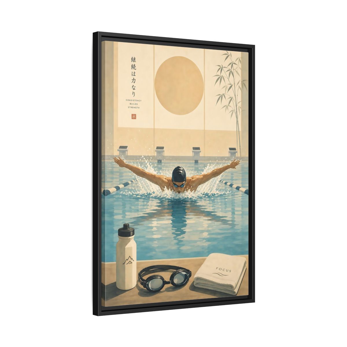 Side Mockup 14. Poolside Focus shown as framed canvas print