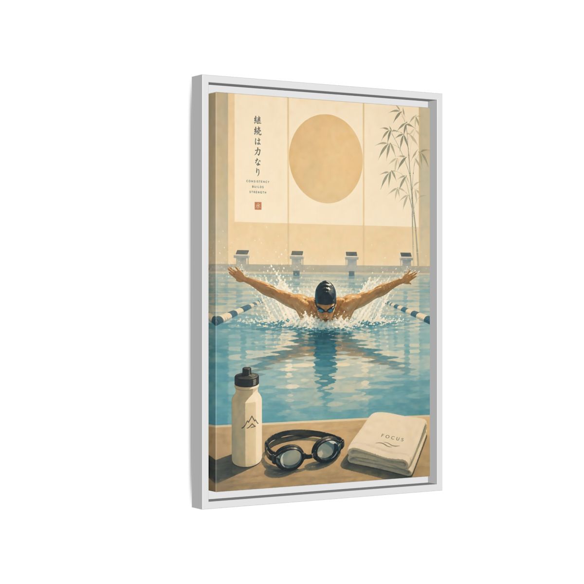 Side Mockup 1. Poolside Focus shown as framed canvas print
