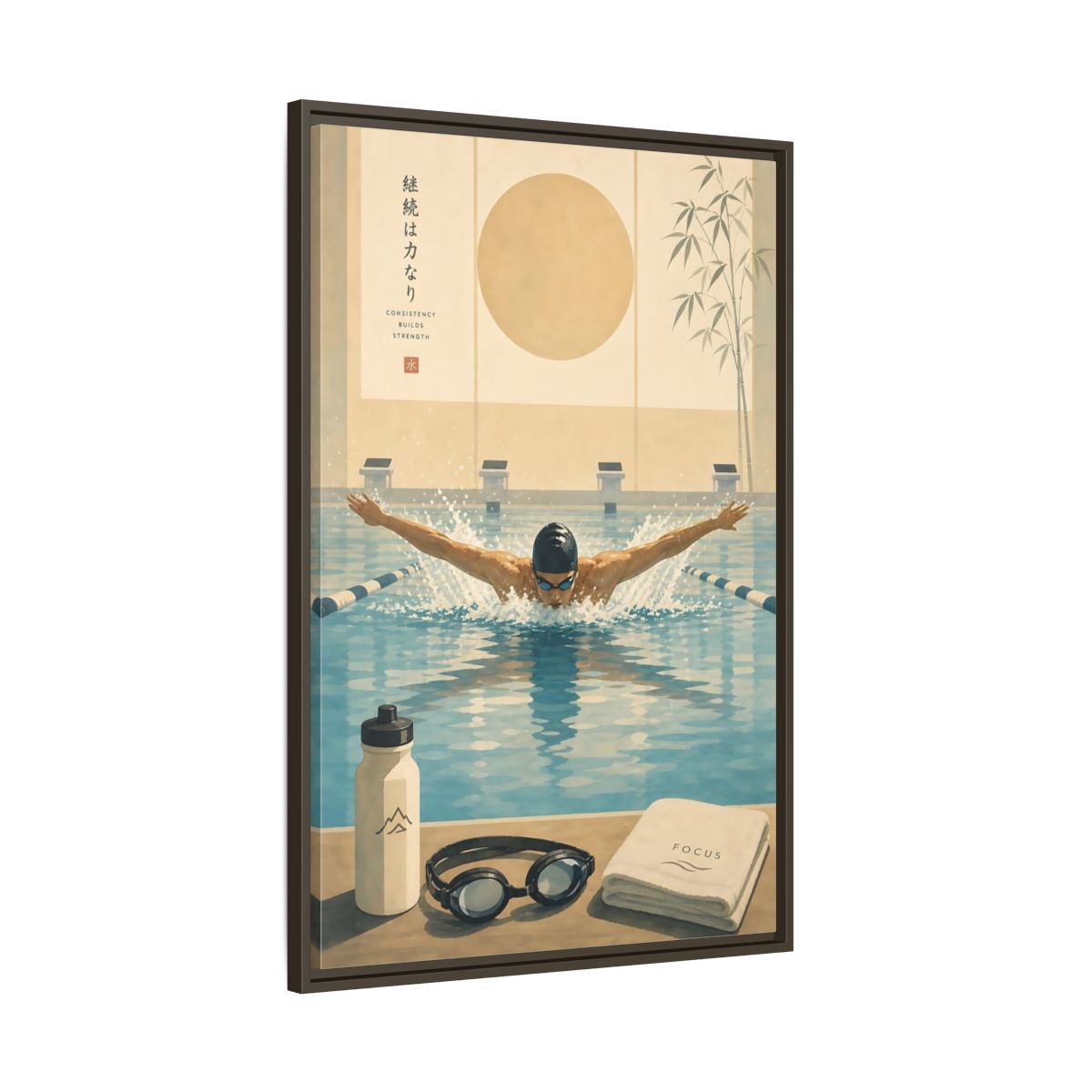 Main Mockup. Poolside Focus shown as framed canvas print