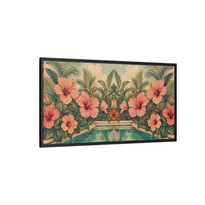 Side Mockup 5. Poolside Hibiscus Garden shown as framed canvas print