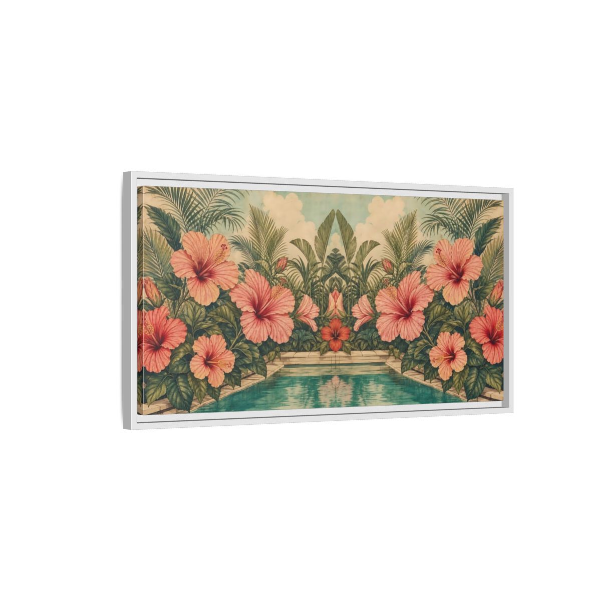 Side Mockup 1. Poolside Hibiscus Garden shown as framed canvas print