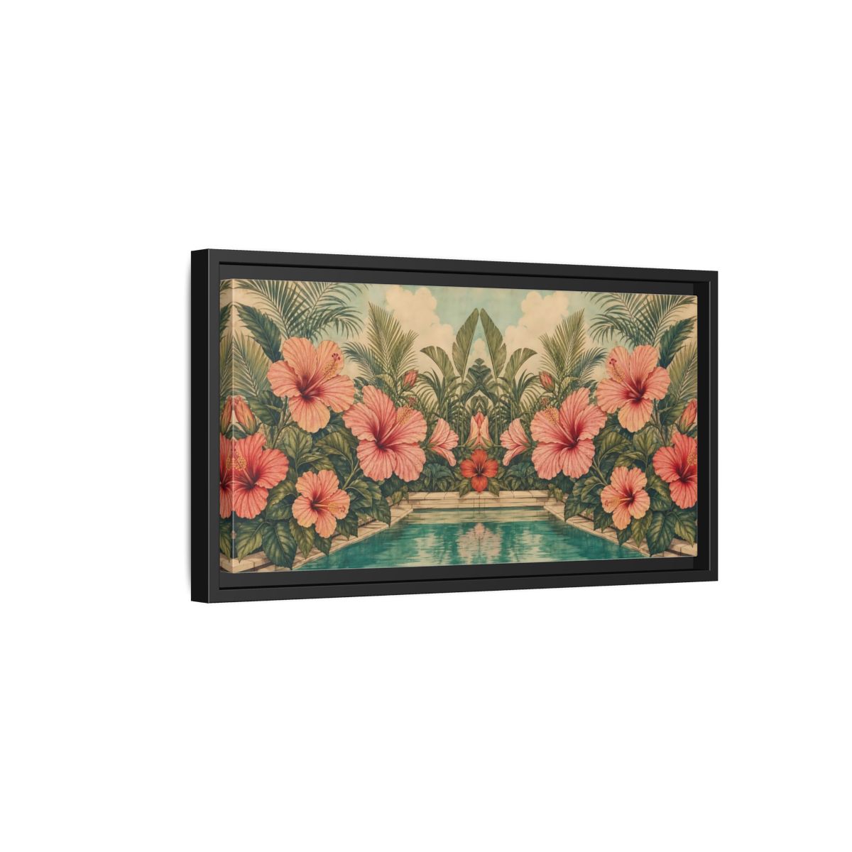 Side Mockup 8. Poolside Hibiscus Garden shown as framed canvas print
