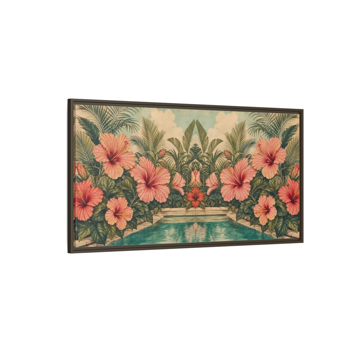 Side Mockup 4. Poolside Hibiscus Garden shown as framed canvas print