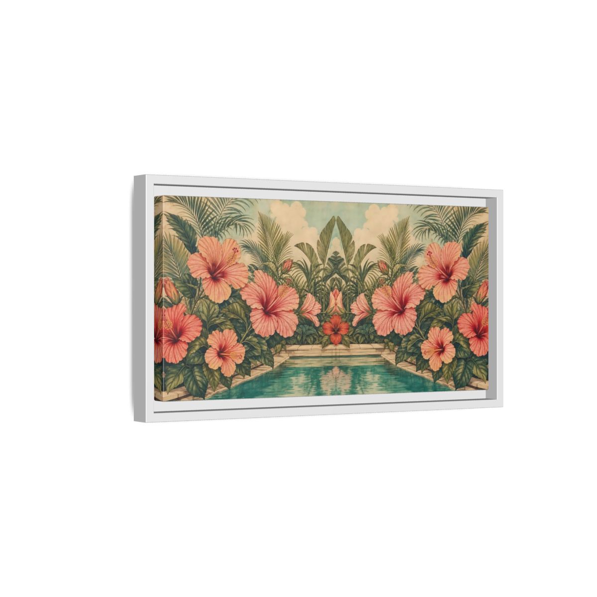 Side Mockup 6. Poolside Hibiscus Garden shown as framed canvas print