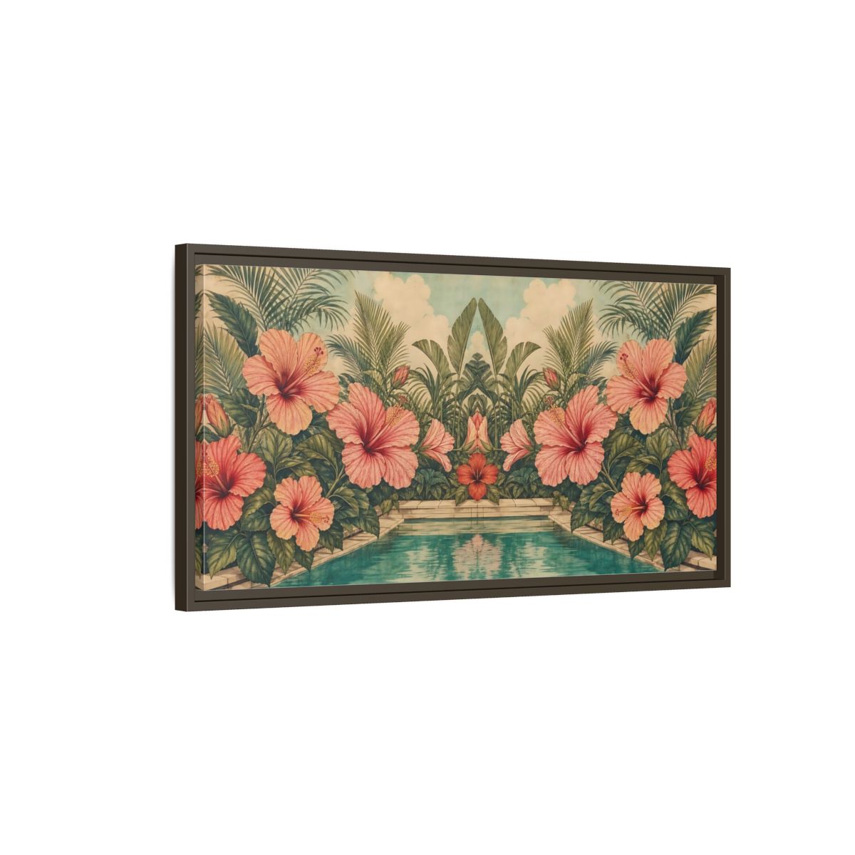 Main Mockup. Poolside Hibiscus Garden shown as framed canvas print
