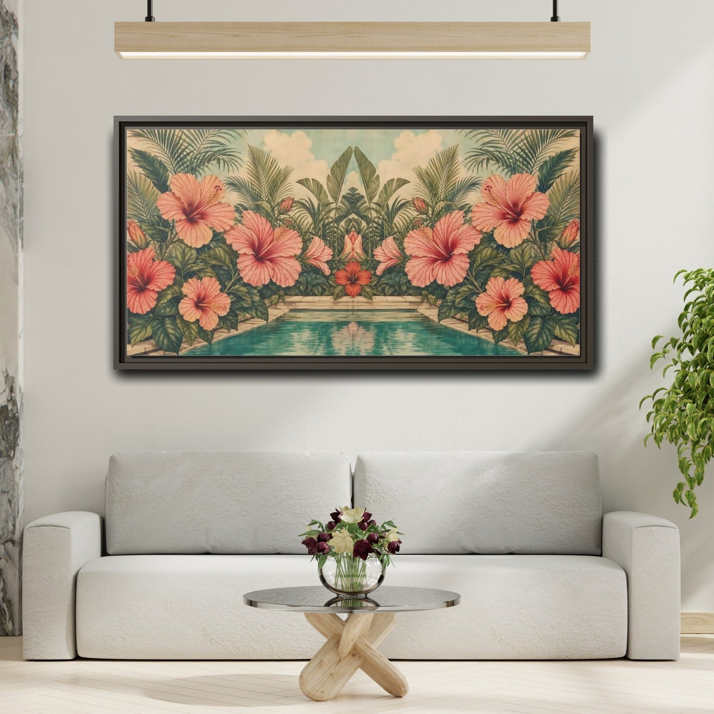 Mockup 2. Poolside Hibiscus Garden shown as framed canvas print