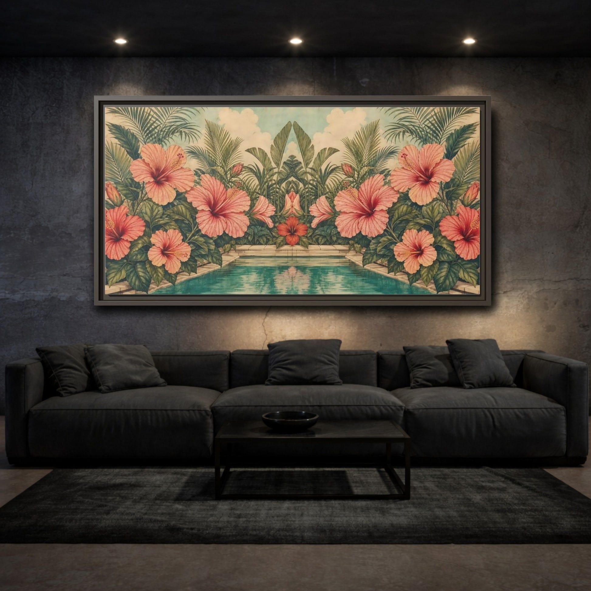Mockup 3. Poolside Hibiscus Garden shown as framed canvas print
