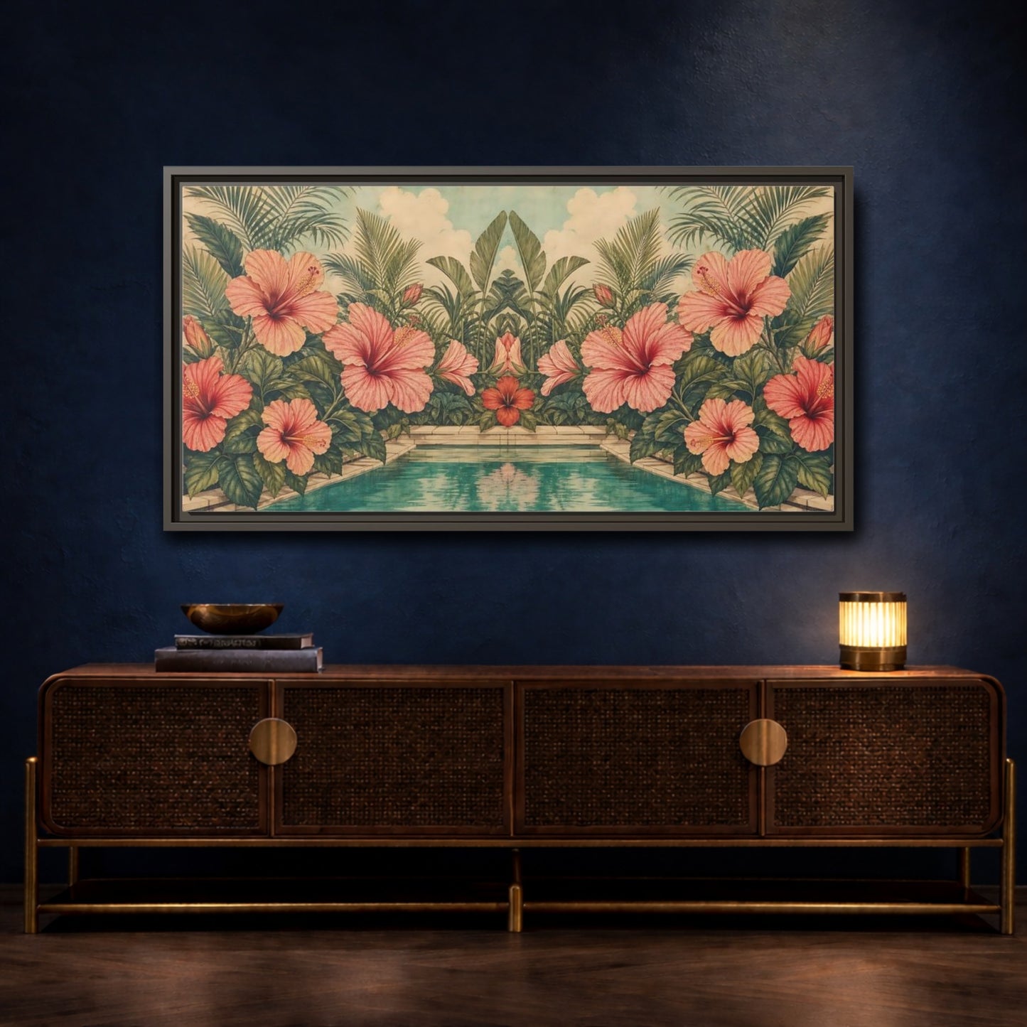 Mockup 4. Poolside Hibiscus Garden shown as framed canvas print