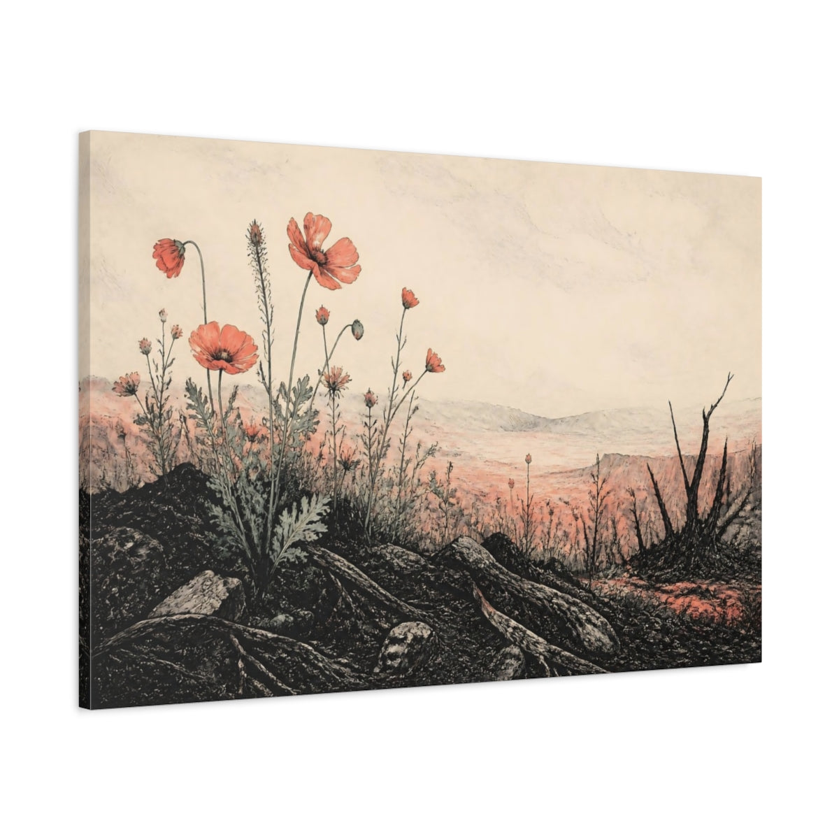 Main Mockup. Poppies On The Ridge shown as canvas print