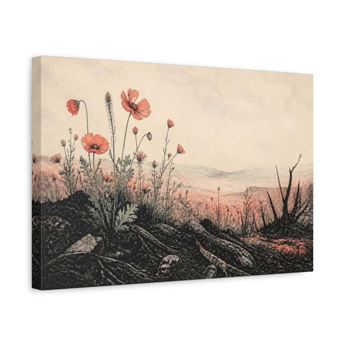 Side Mockup 4. Poppies On The Ridge shown as canvas print