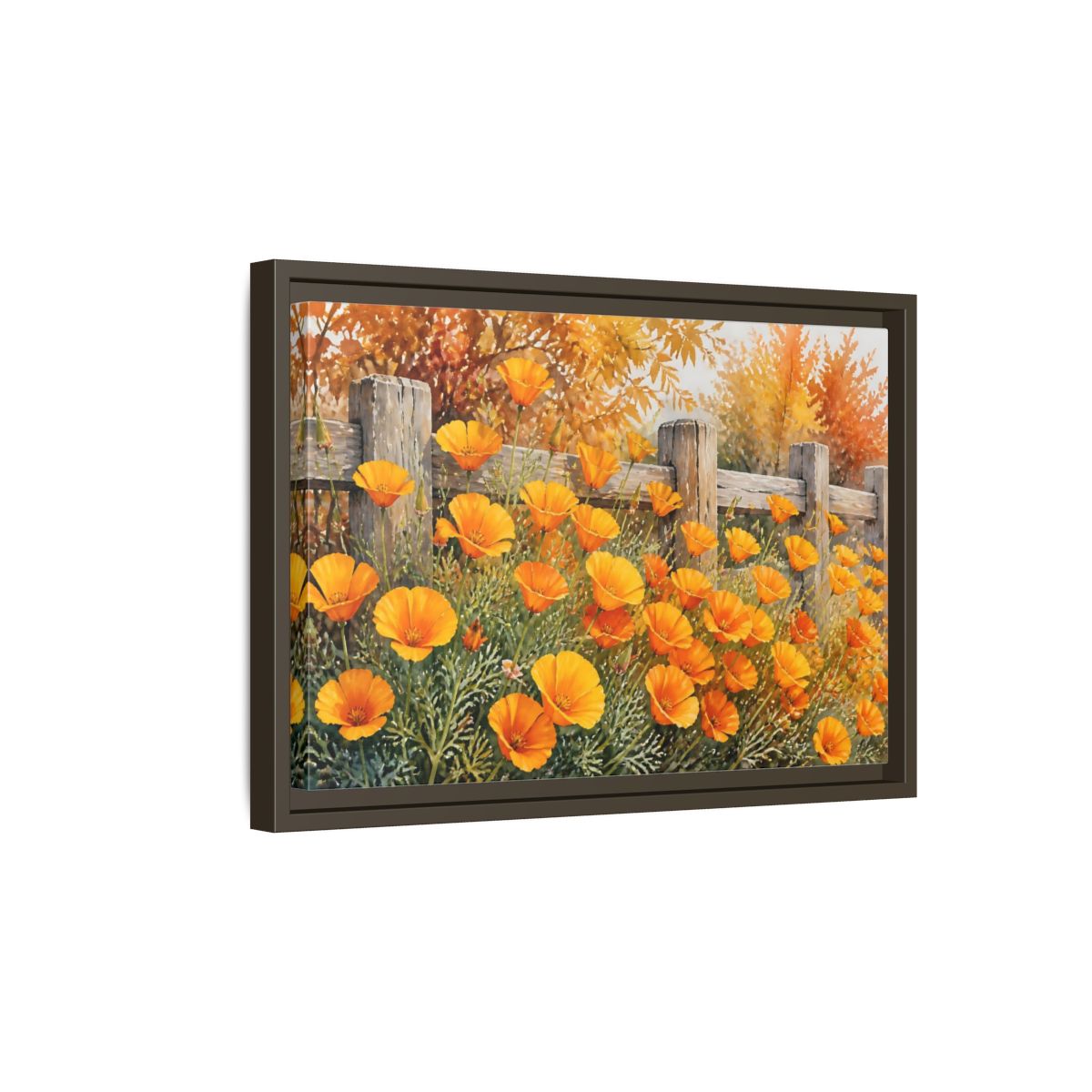 Side Mockup 5. Poppy Flowers By Fence shown as framed canvas print