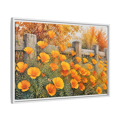 Side Mockup 10. Poppy Flowers By Fence shown as framed canvas print