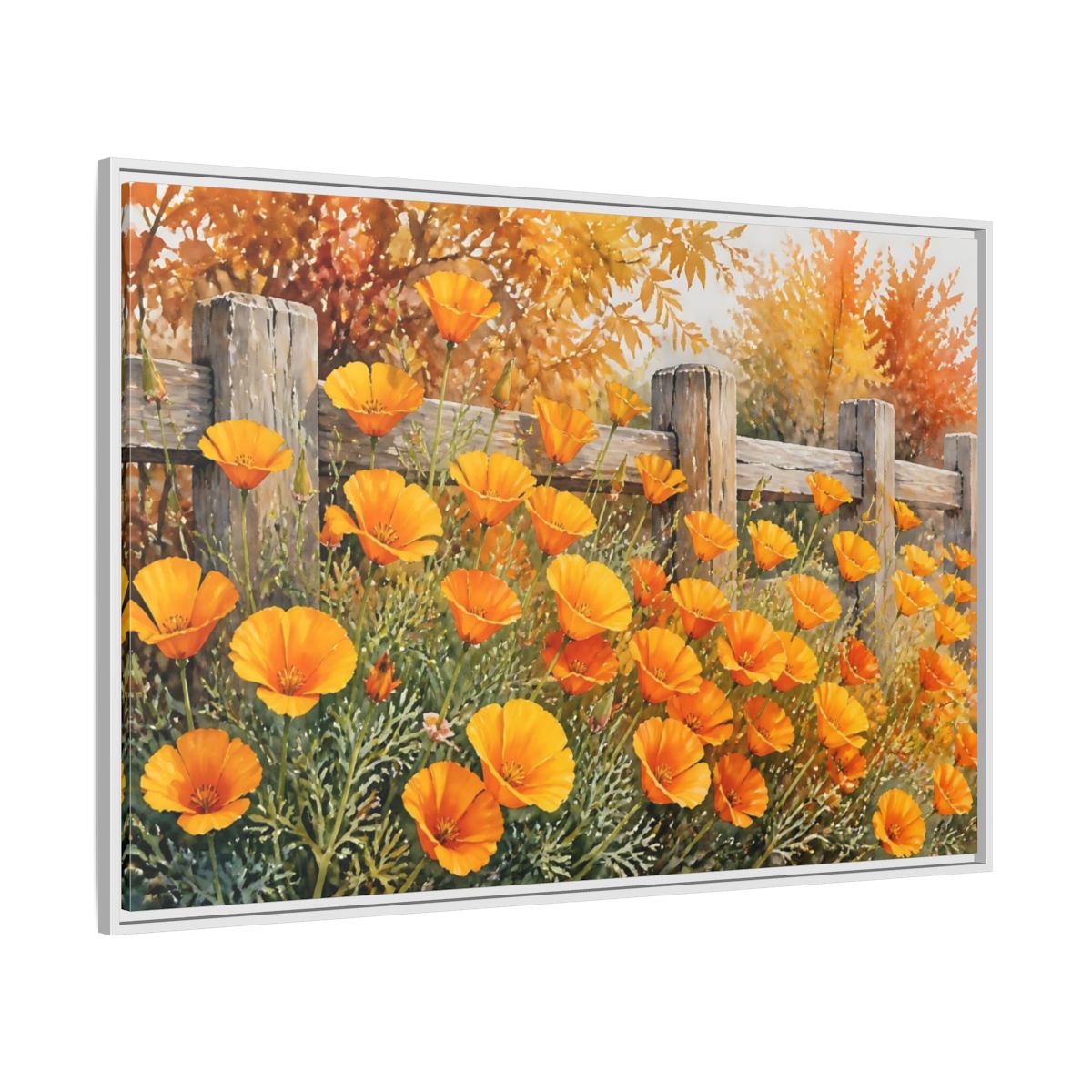 Side Mockup 7. Poppy Flowers By Fence shown as framed canvas print