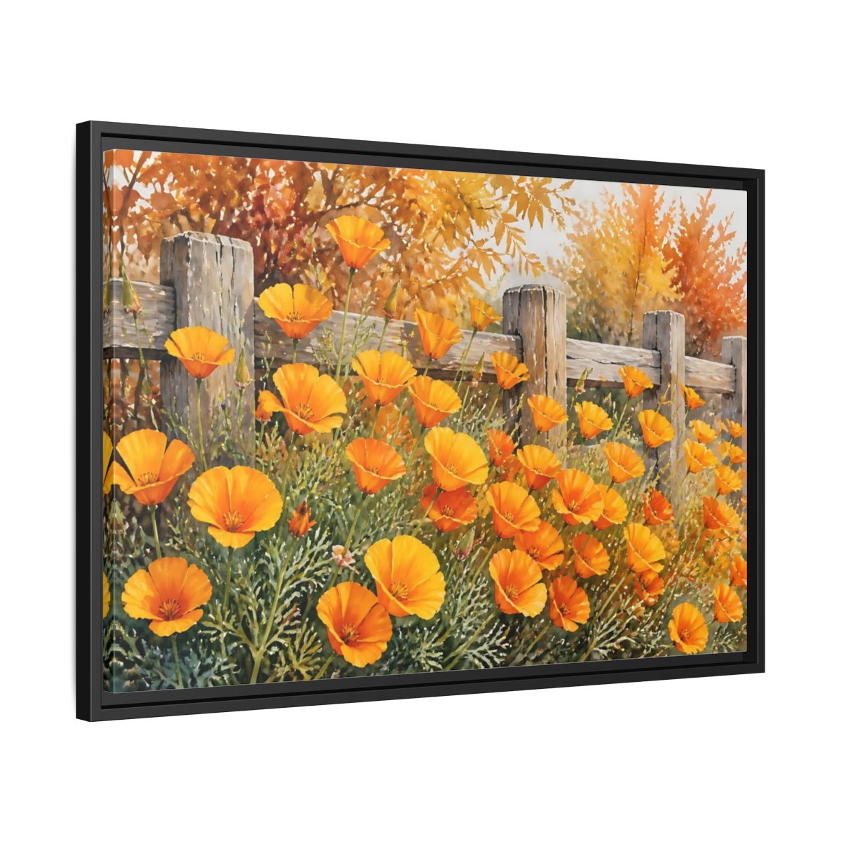Side Mockup 14. Poppy Flowers By Fence shown as framed canvas print