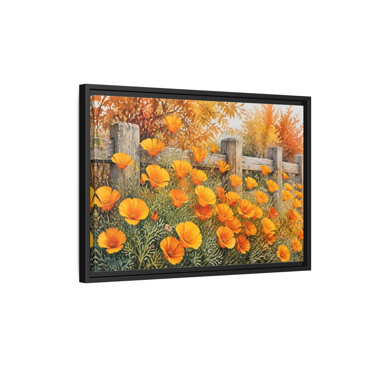 Side Mockup 3. Poppy Flowers By Fence shown as framed canvas print