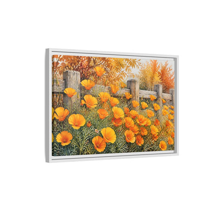 Side Mockup 1. Poppy Flowers By Fence shown as framed canvas print