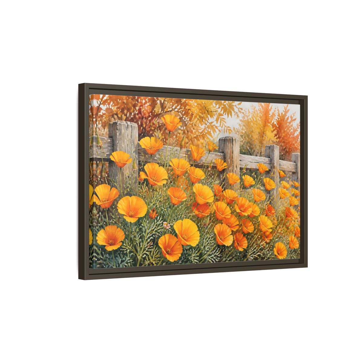 Side Mockup 2. Poppy Flowers By Fence shown as framed canvas print