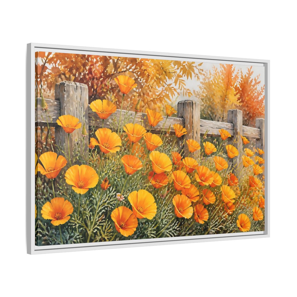 Side Mockup 9. Poppy Flowers By Fence shown as framed canvas print