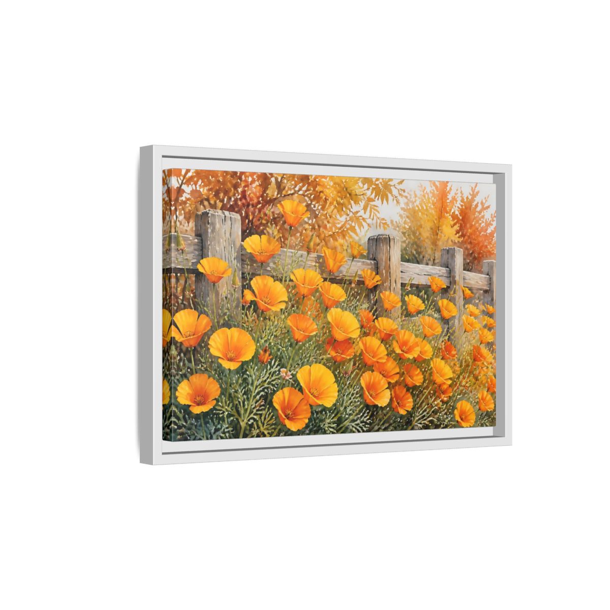 Side Mockup 4. Poppy Flowers By Fence shown as framed canvas print