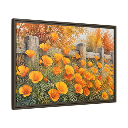 Side Mockup 11. Poppy Flowers By Fence shown as framed canvas print