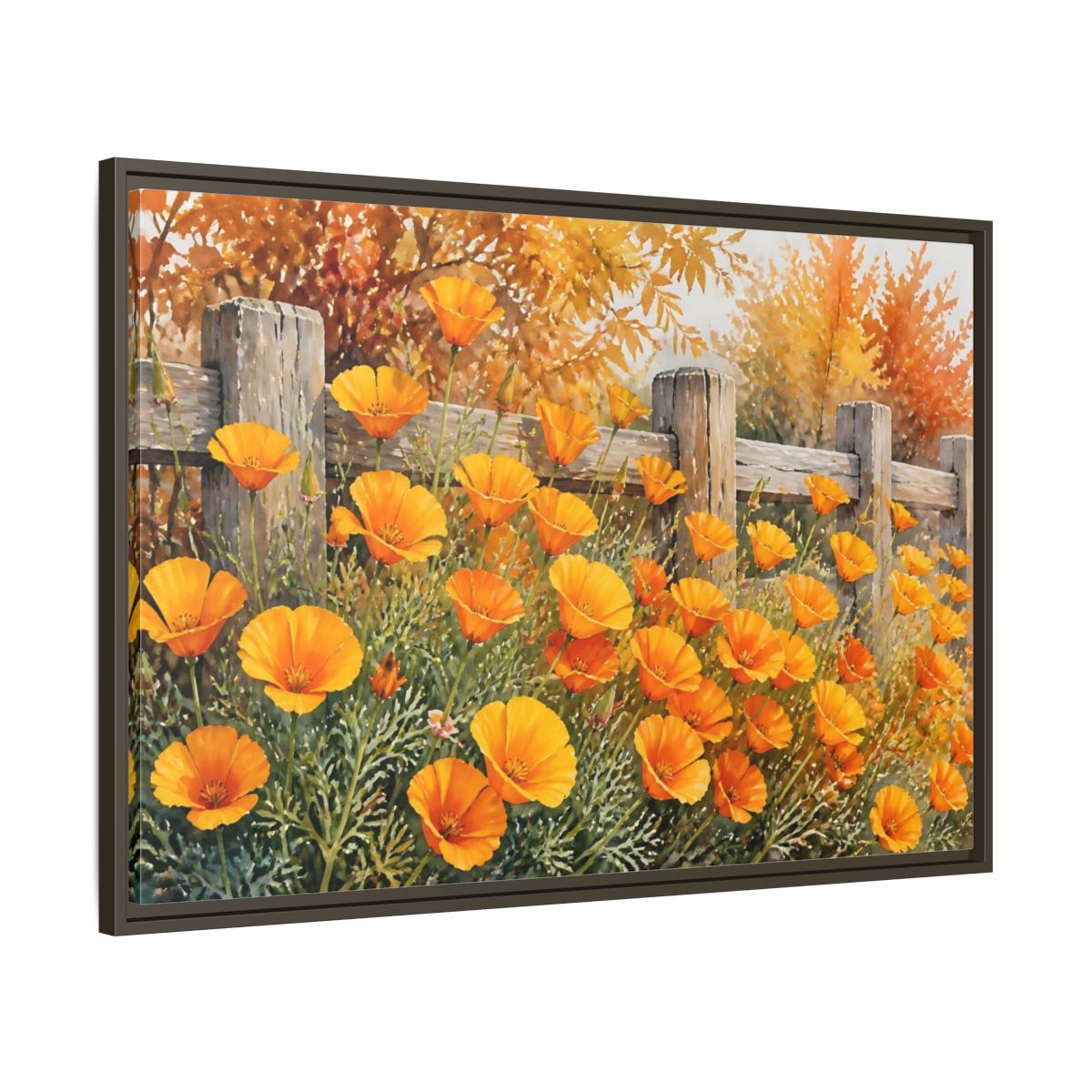 Main Mockup. Poppy Flowers By Fence shown as framed canvas print
