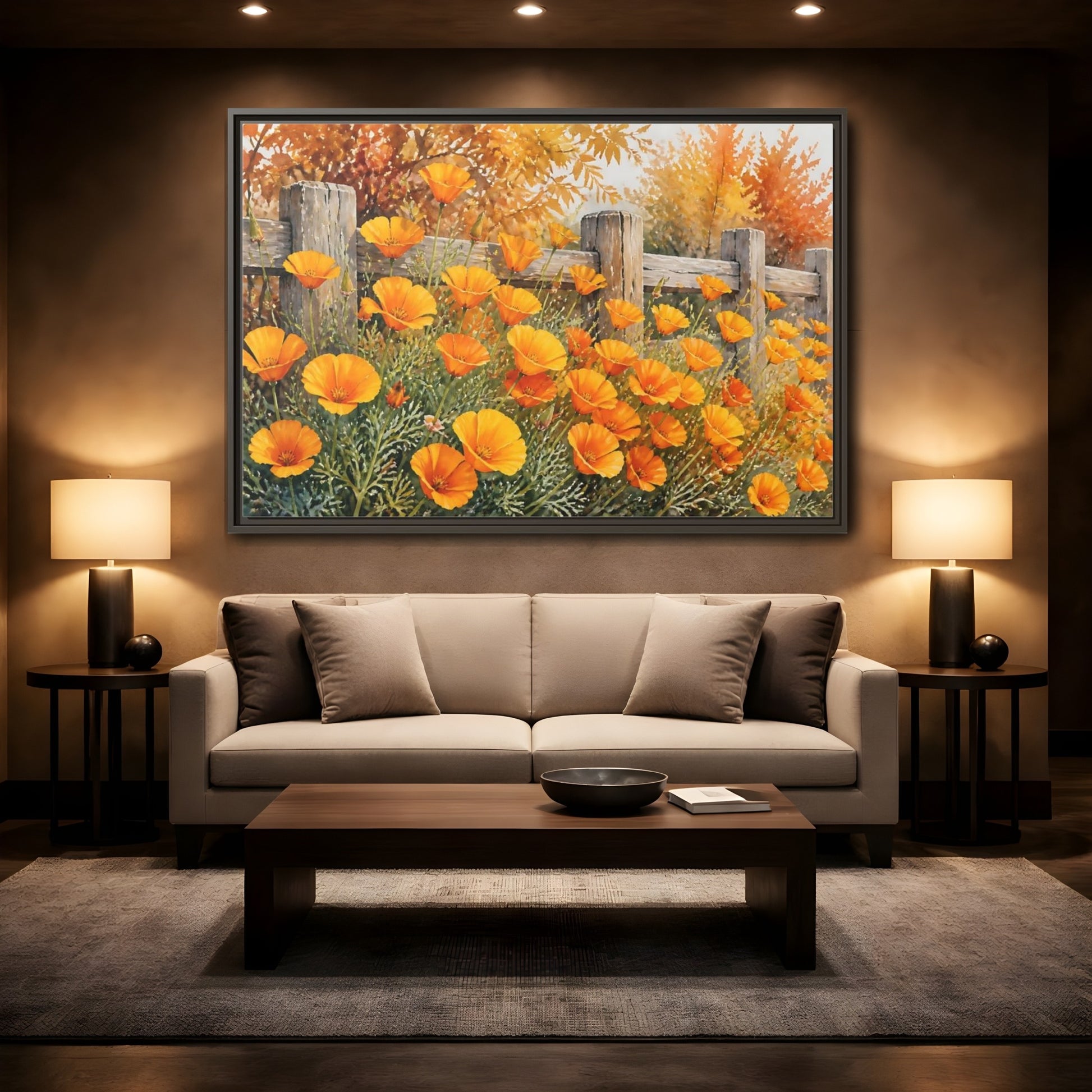 Mockup 2. Poppy Flowers By Fence shown as framed canvas print