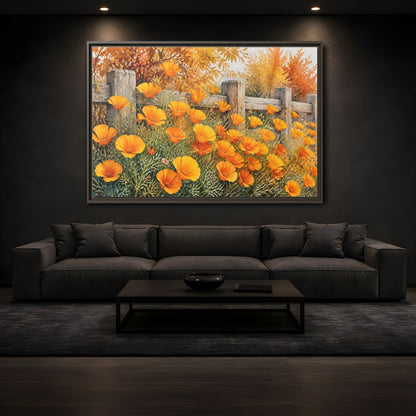 Mockup 3. Poppy Flowers By Fence shown as framed canvas print