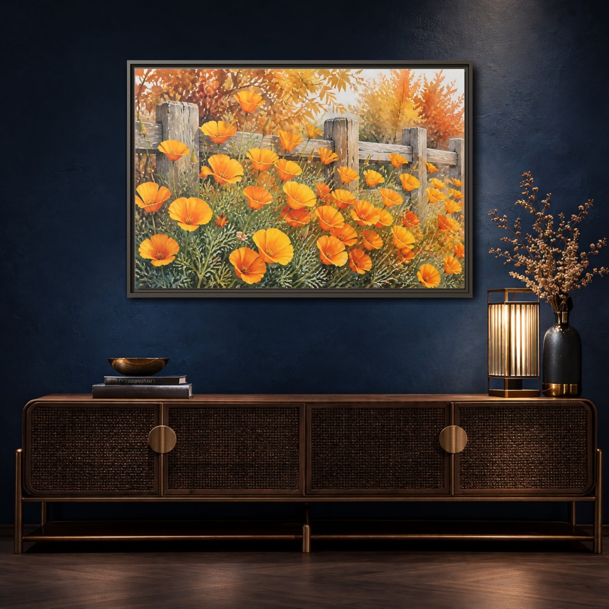 Mockup 4. Poppy Flowers By Fence shown as framed canvas print