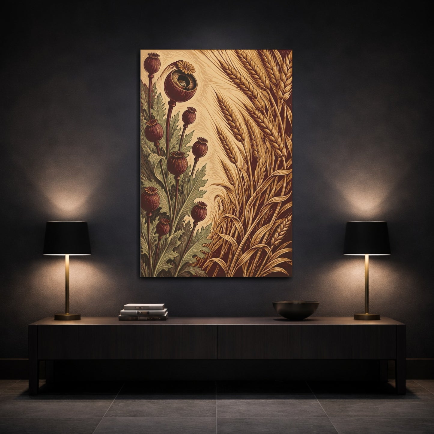 Mockup 3. Poppy Pods And Wheat shown as canvas print