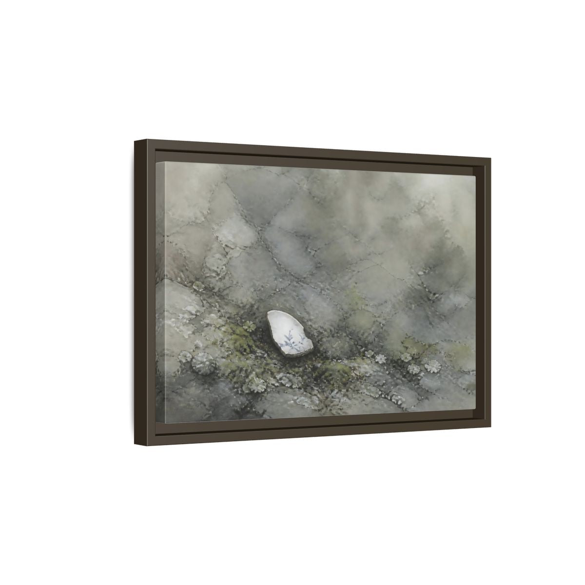 Side Mockup 5. Porcelain Shard Among Moss shown as framed canvas print