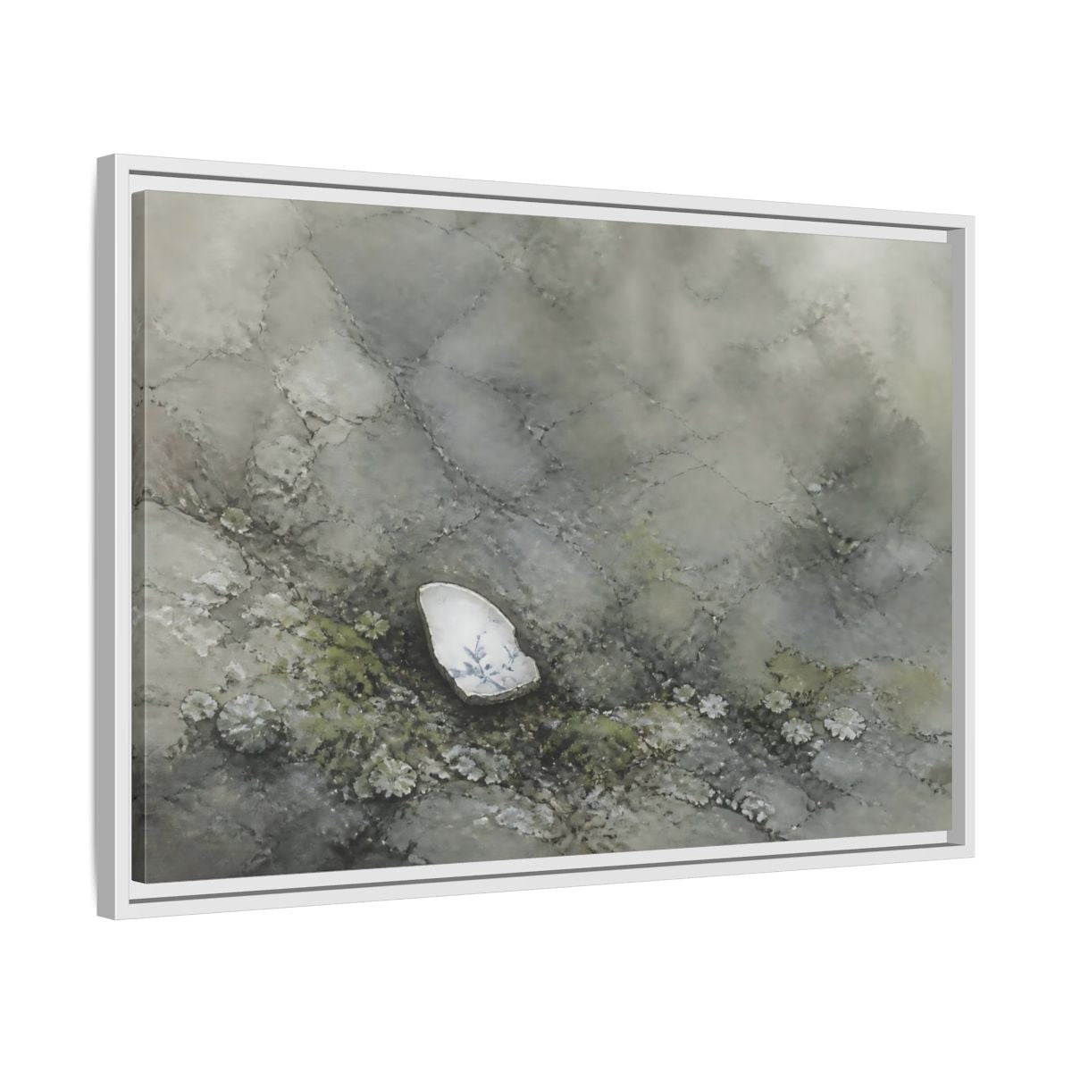 Side Mockup 10. Porcelain Shard Among Moss shown as framed canvas print